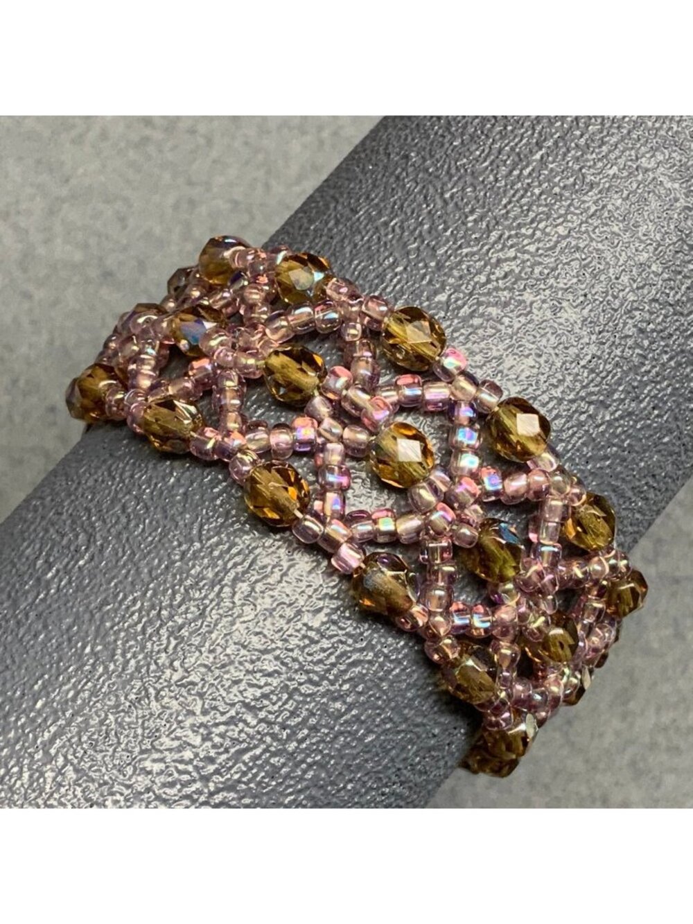 Lattice Beaded Woven Bracelet 7.5 In AS IS Purple Amber Gold Safety Pin Closure